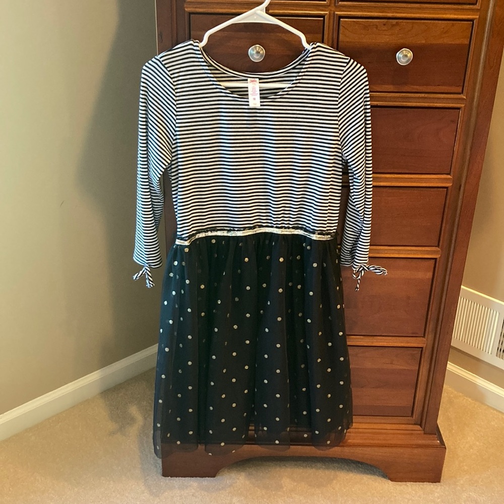 Justice girls dress, stripes and polka dots, size 18, black and white, tulle